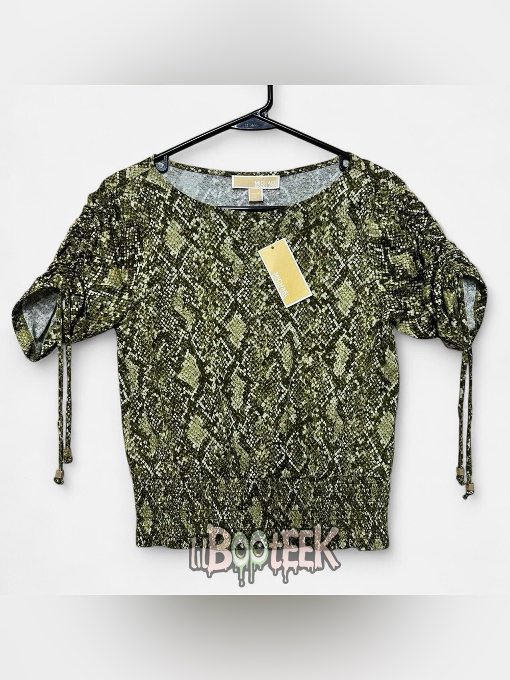 Michael Kors Olive Snake-Print Short Sleeve Knit Top